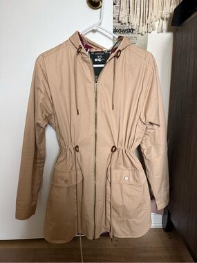 DROPDEAD Hooded Tan Trench Coat with Drawcord Waist